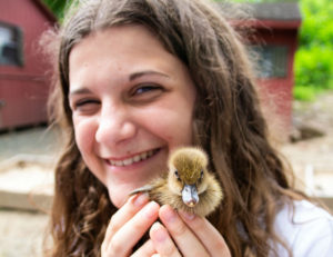 a girl holding a baby duck