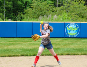 A girl pitching a softball